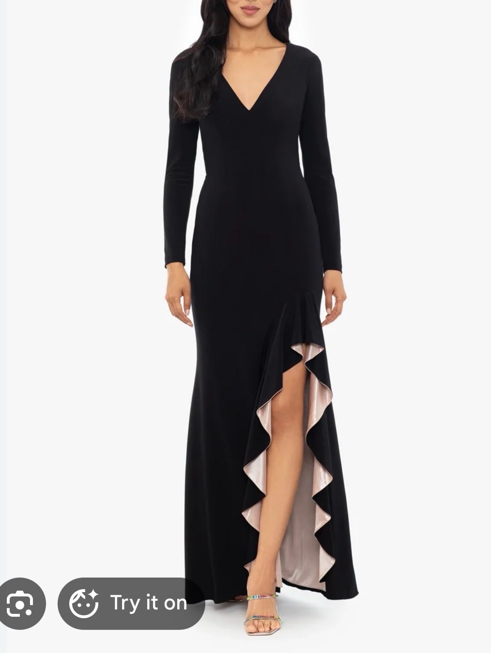 Xscape Black Maxi Dress with Champagne Pink Ruffle-Lined Slit